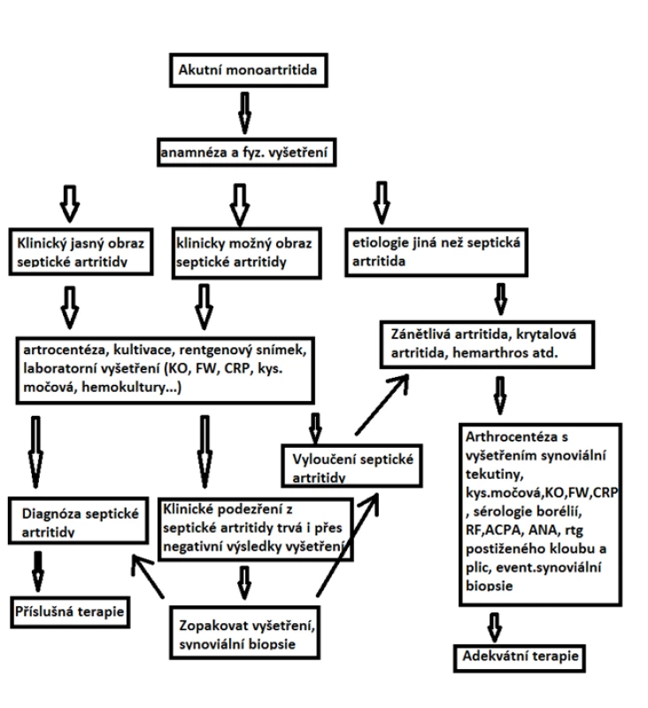Algoritmus při vyšetřování akutní monoartritidy <em>(upraveno dle: 26)</em>
