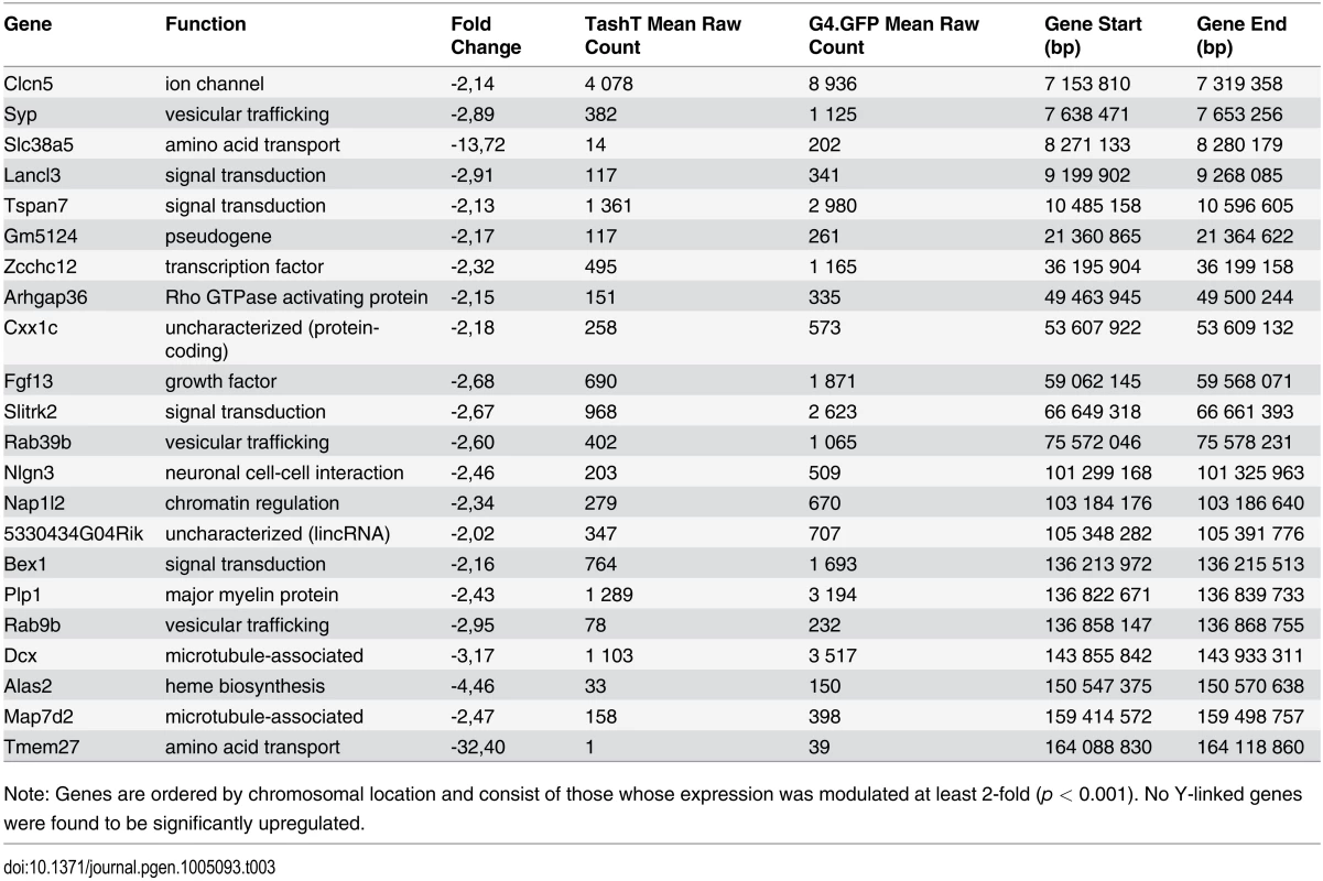 Downregulated X-linked genes in e12.5 TashT<sup><b>Tg/Tg</b></sup> eNCC.