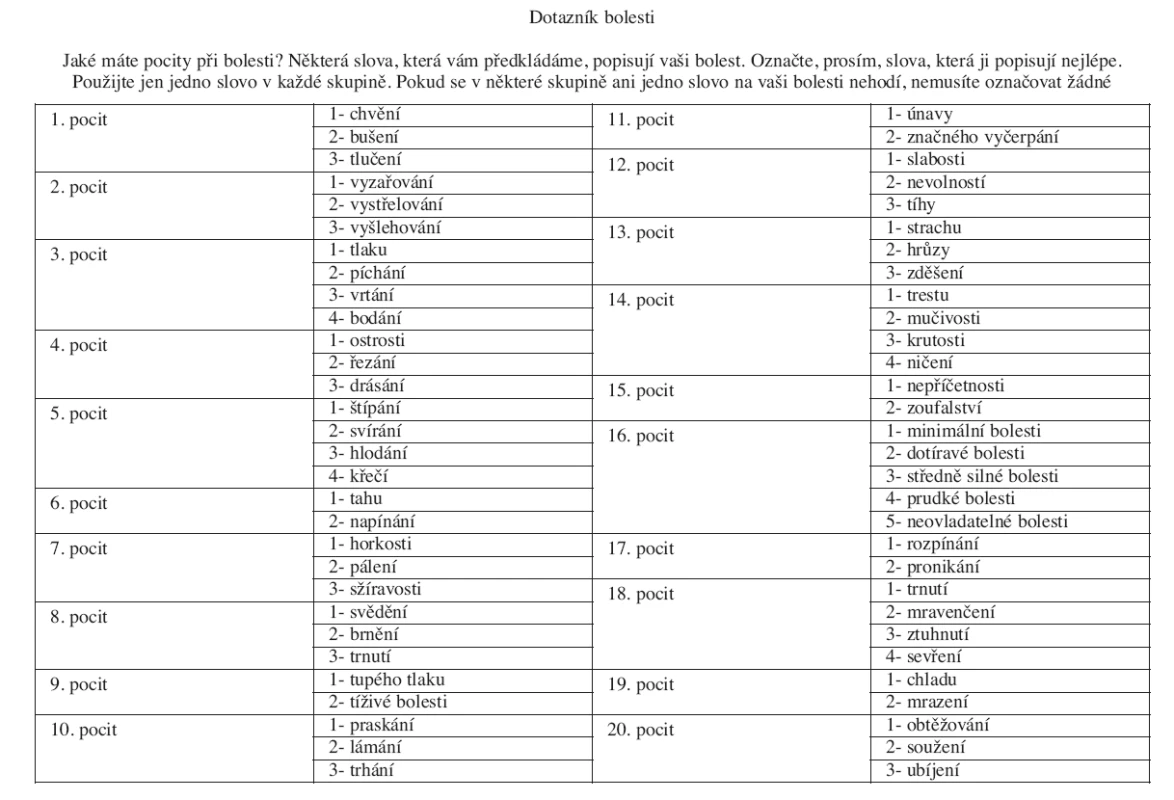 Česká verze McGill Pain Questionnaire – popisná část