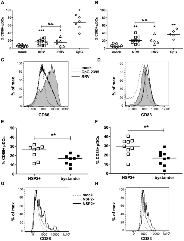 Peripheral pDC activation and maturation following exposure to live or inactivated RRV.