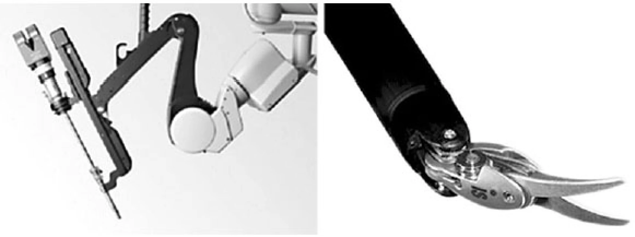 Robotické rameno s nástrojem a detail robotických nůžek