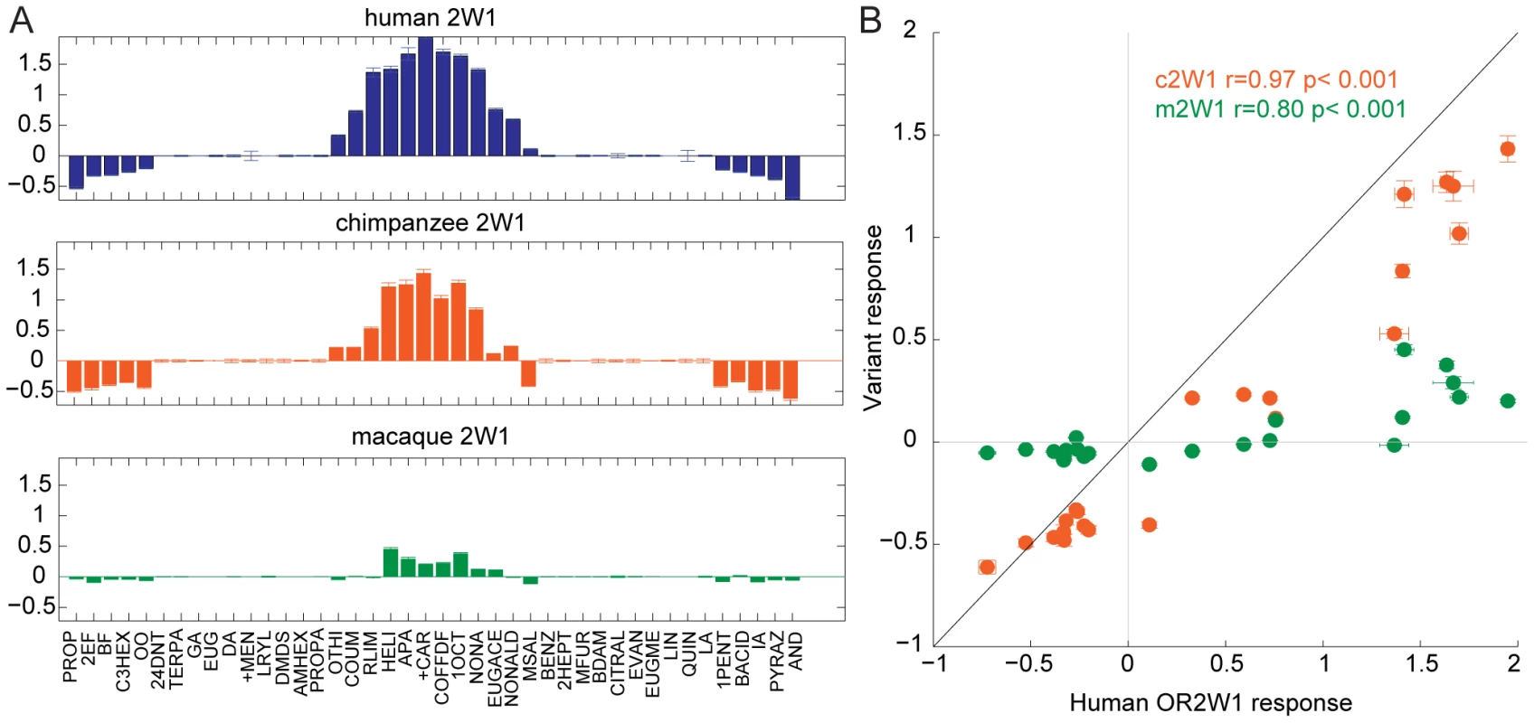 Response of OR orthologs to 42 chemically diverse odors.
