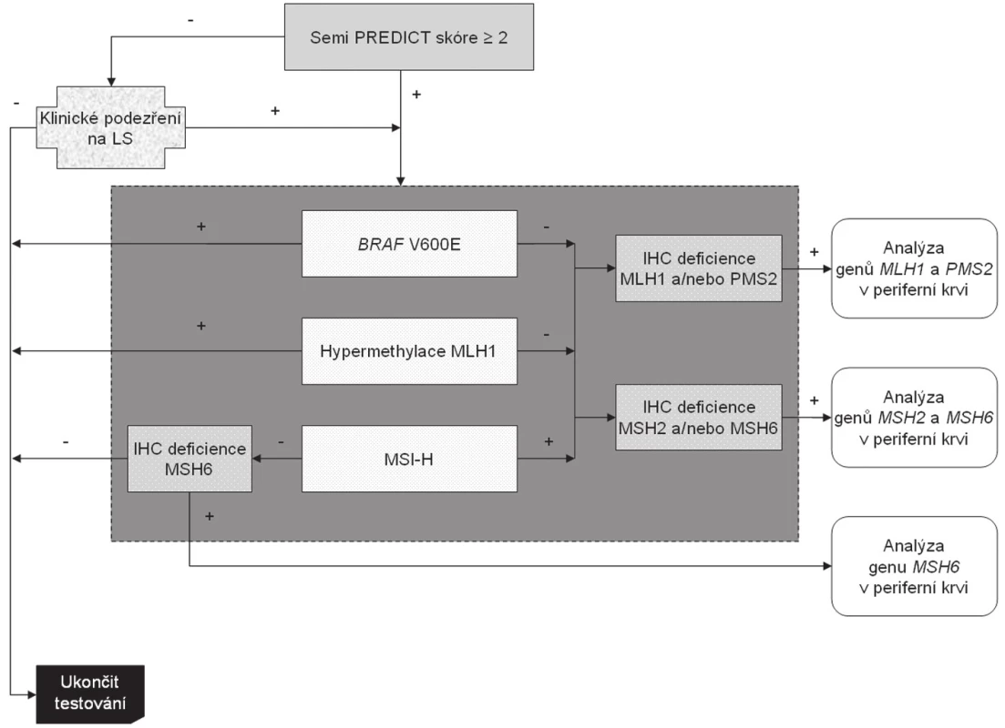 Algoritmus diagnostiky Lynchova syndromu. Na základě mikroskopického nálezu MSI-H histologie (nebo klinické žádosti) je proveden komplex vyšetření situovaný do tmavě šedého obdélníku, který sestává z imunohistochemického vyšetření exprese MMR proteinů, analýzy MSI, methylace promotoru MLH1 a stavu genu BRAF. Tyto metody jsou v současné době na našem pracovišti z časových důvodů prováděny simultánně. K dalšímu genetickému vyšetření germinálních mutací MMR genů jsou primárně vybráni pacienti s MSI-H tumory bez mutace BRAF a bez hypermethylace promotoru genu MLH1. Za zvláštních okolností (zejména při ztrátě imunoexprese MSH6) je však vhodné testovat i MSS karcinomy (blíže viz text).