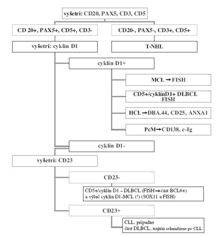Náčrt možného postupu imunohistochemickej analýzy v diagnostike a diferenciálnej diagnostike lymfómu z plášťových buniek (MCL)(skratky viď text).
