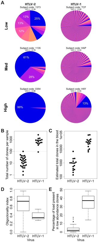 HTLV-2 integration is highly oligoclonal, characterized by small numbers of expanded clones.