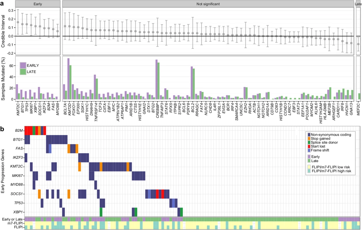 Results from targeted sequencing of 86 genes in 41 patients with early progression and 84 patients with late/never progression.