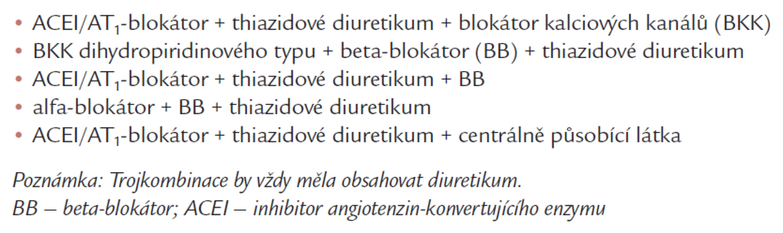 Vhodné trojkombinace antihypertenziv u závažné hypertenze.