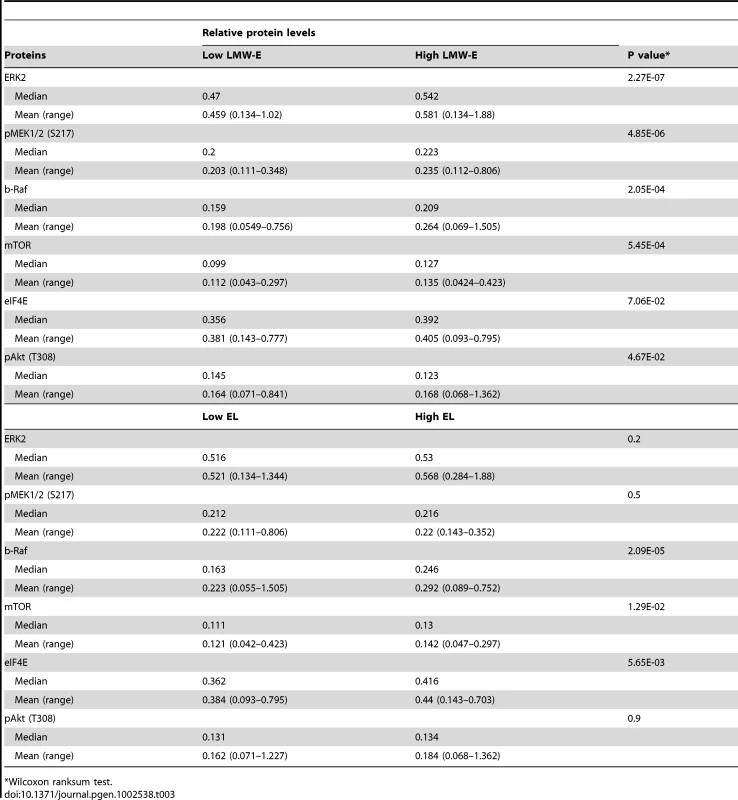 Patient protein expression based on low and high LMW-E and EL levels by RPPA analysis.