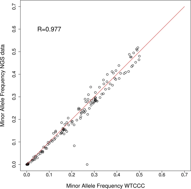 Minor allele frequencies WTCCC vs pooled NGS (24 pools combined).