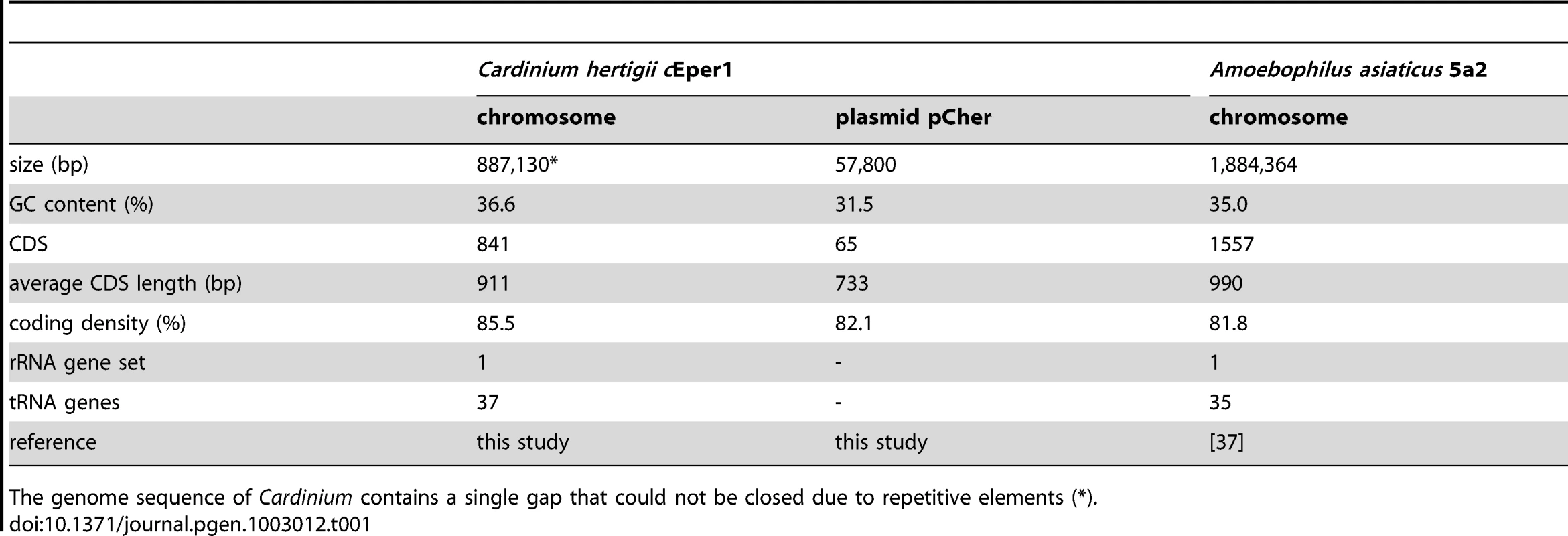 General features of the genome of <i>Cardinium hertigii c</i>Eper1 and its closest sequenced relative <i>Amoebophilus asiaticus</i> 5a2.