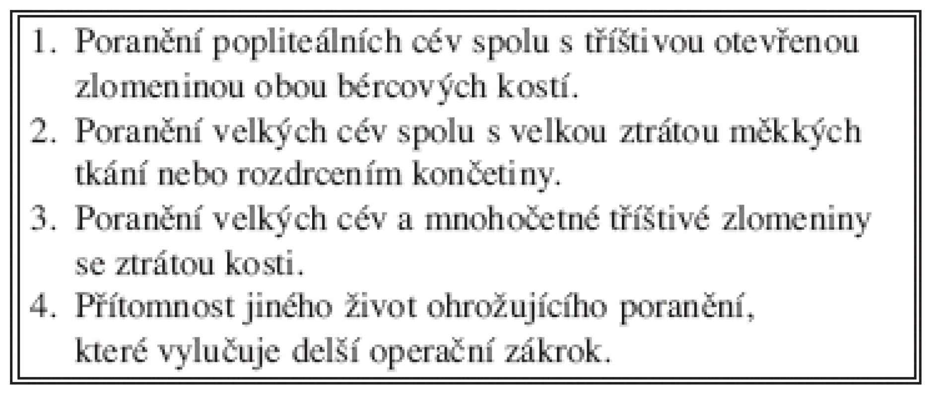 Indikace k urgentní amputaci v souvislosti s poraněním velkých končetinových cév