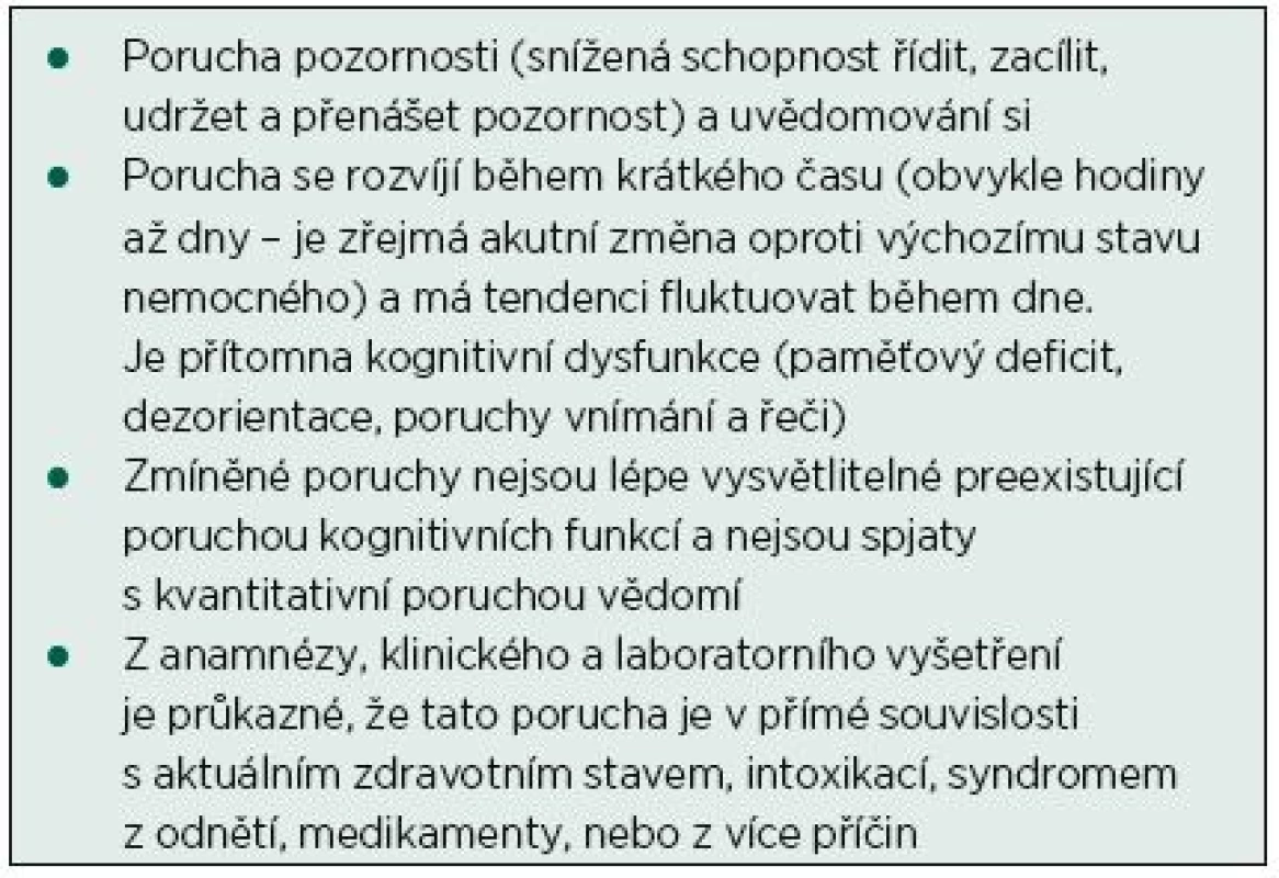 Definice deliria, podle Diagnostického a statistického manuálu (DSM-5) Americké psychiatrické společnosti [17]