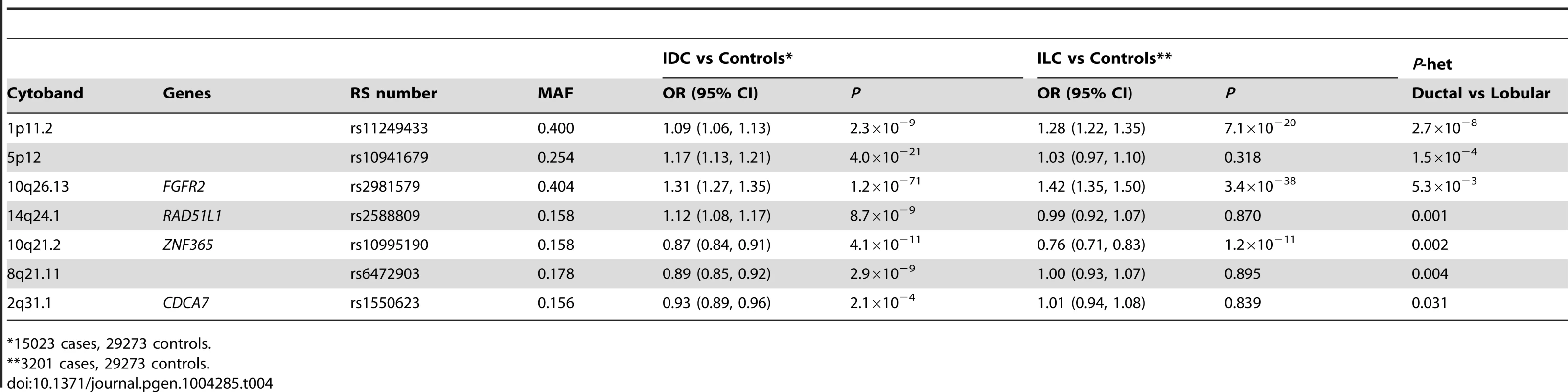 SNPs showing differential lobular and ductal associations with breast cancer risk in BCAC subjects (ER+ tumours only).