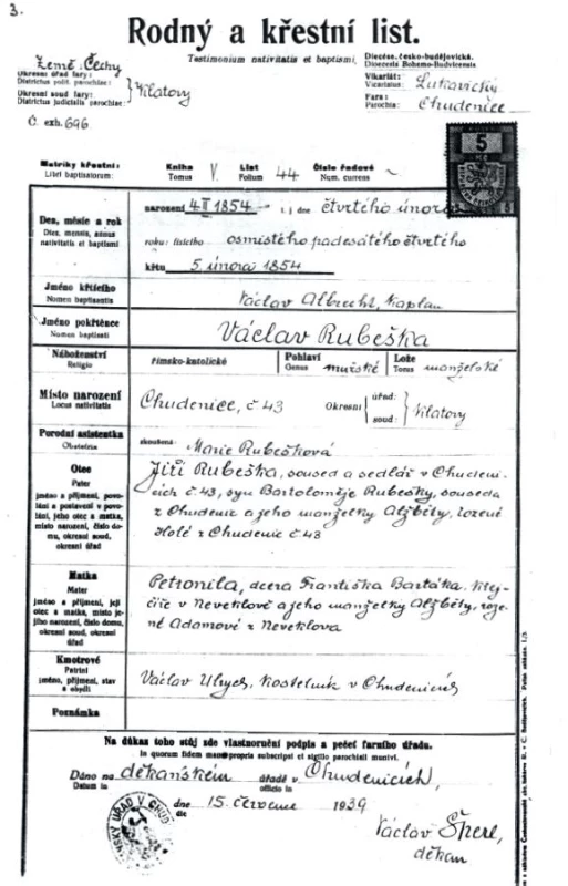 Rodný list prvního přednosty II. porodnické kliniky prof. MUDr. Václava Rubešky