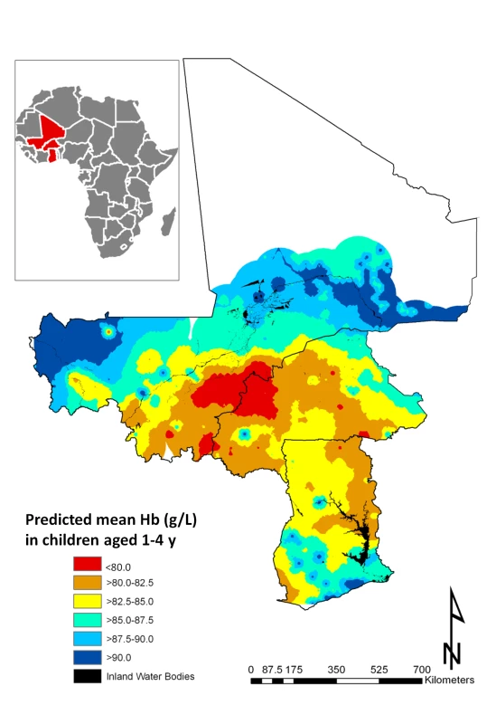Predictive geographical variation of mean haemoglobin concentration in children aged 1–4 y, based on a model-based geostatistical Gaussian model.