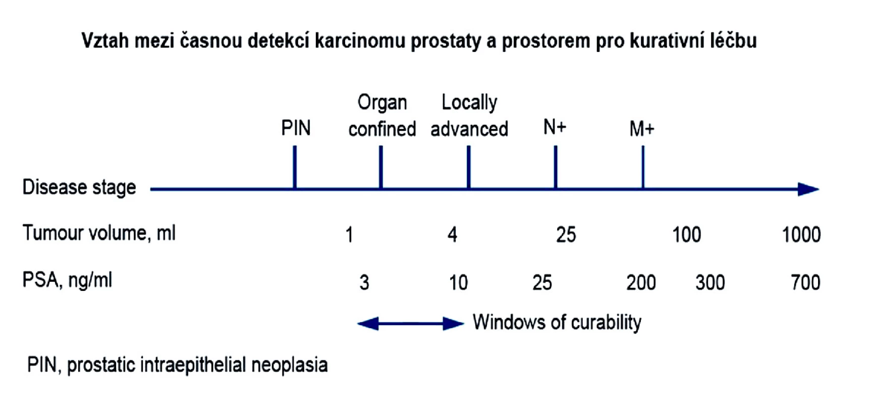 Schéma zachycující prostor pro možnou kurativní léčbu karcinomu prostaty
Schéma zachycující prostor pro možnou kurativní léčbu karcinomu prostaty ve vztahu k jednotlivým stádiím onemocnění, objemu nádoru a hodnotám PSA. Období možné kurativní léčby karcinomu prostaty se týká časného onemocnění, kdy PSA obvykle nepřesáhne hodnotu 20–25 ng/ml a objem nádoru je obvykle přibližně do 5 ml.