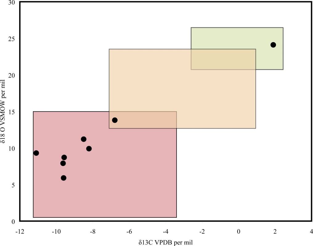 Plot of δ<sup>13</sup>C and δ<sup>18</sup>O Values, in ‰, of Carbonate in Tablets