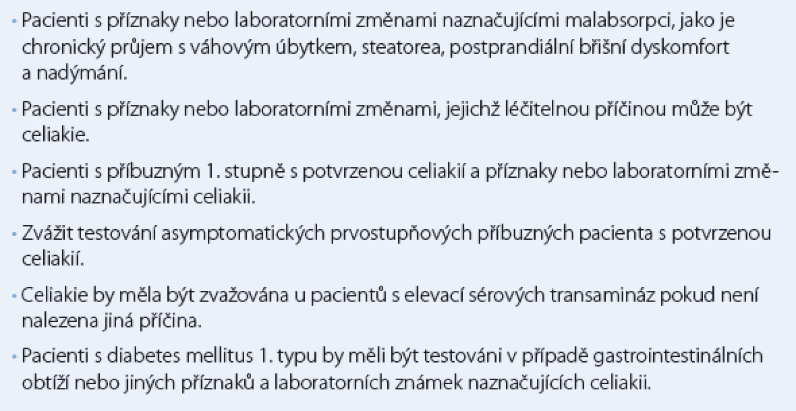 Doporučené indikace k testování celiakie [13].