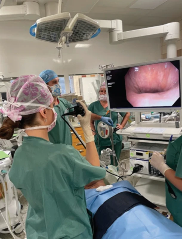 Endoskopie v navozeném spánku na operačním sále s použitím videozáznamu. Fig. 5. Drug-induced sleep endoscopy in the operating room using video recording. 