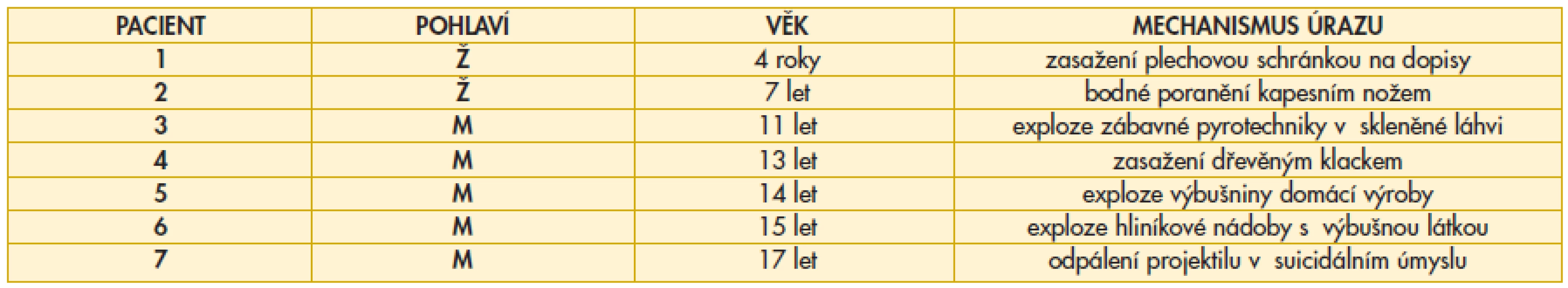 Základní charakteristika 7 pacientů s otevřeným poraněním oka ošetřených ve FN Ostrava v letech 2007 až 2011