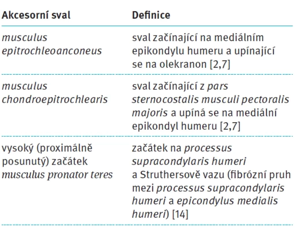 Akcesorní svaly v oblasti sulcus nervi ulnaris. Tab. 1. Accessory muscles in the area of the ulnar nerve sulcus.