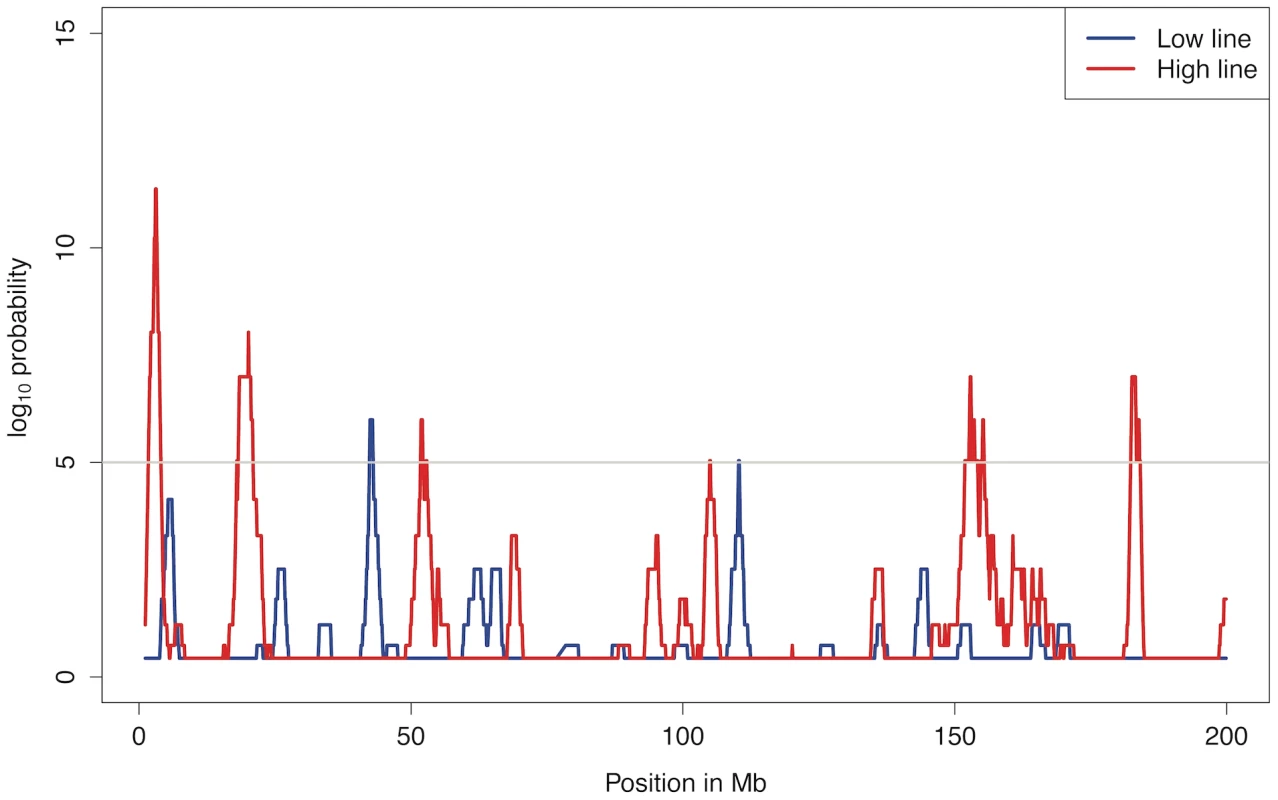 Significance for allele frequency changes on chromosome 1.
