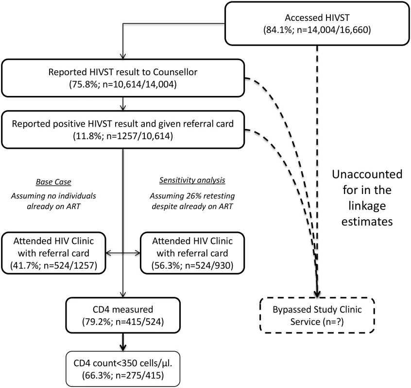 Linkage into HIV care after HIV self-testing (months 1–12).