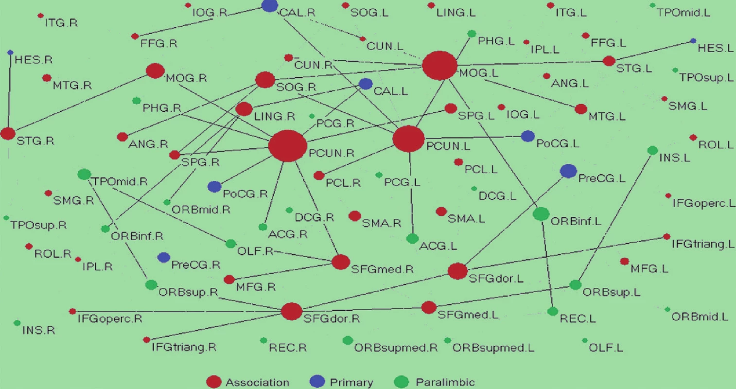 Příklad globálního konektomu lidské mozkové kůry zjištěného mapováním „drah“ neboli DTI (diffuse tensor imaging) traktografií. 
Písmena označují jednotlivé korové oblasti. Průměr kruhů označuje hustotu vzájemného propojení. Primární smyslové korové oblasti jsou modře, asociační červeně, paralimbické zeleně (10). „Vymezené“, přiitom nikoli přísně modulární „fodorovské“ konektomy tohoto typu jsou podle evoluční psychologie doménově specifickými nositeli jednotlivých adaptací. Příkladem takového konektomu je neuronální síť velkého rozsahu, která zpracovává lidské tváře (Koukolík, 2011; 18).
