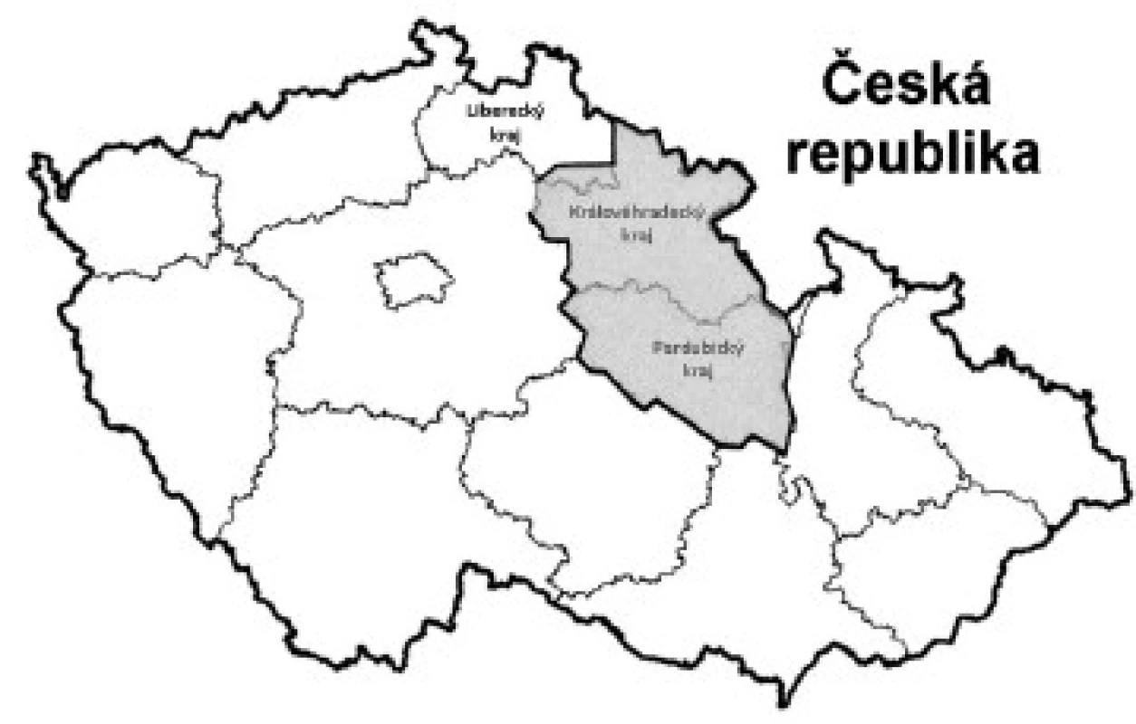 Mapa nově konstituovaného Královehradeckého kraje (od roku 2001) Královéhradecký kraj, Pardubický kraj a část Libereckého kraje tvořily Východočeský kraj do roku 2000 (stínovaná oblast).
Fig 1. Map of the newly established Hradec Králové Region (in 2001) The former Eastern Bohemia Region (until 2000) (shaded) was split into three administrative regions: Hradec Králové Region, Pardubice Region, and a part of the Liberec Region.