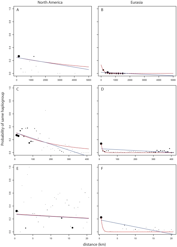 Probability of finding two members of a haplogroup as a function of distance and continent.