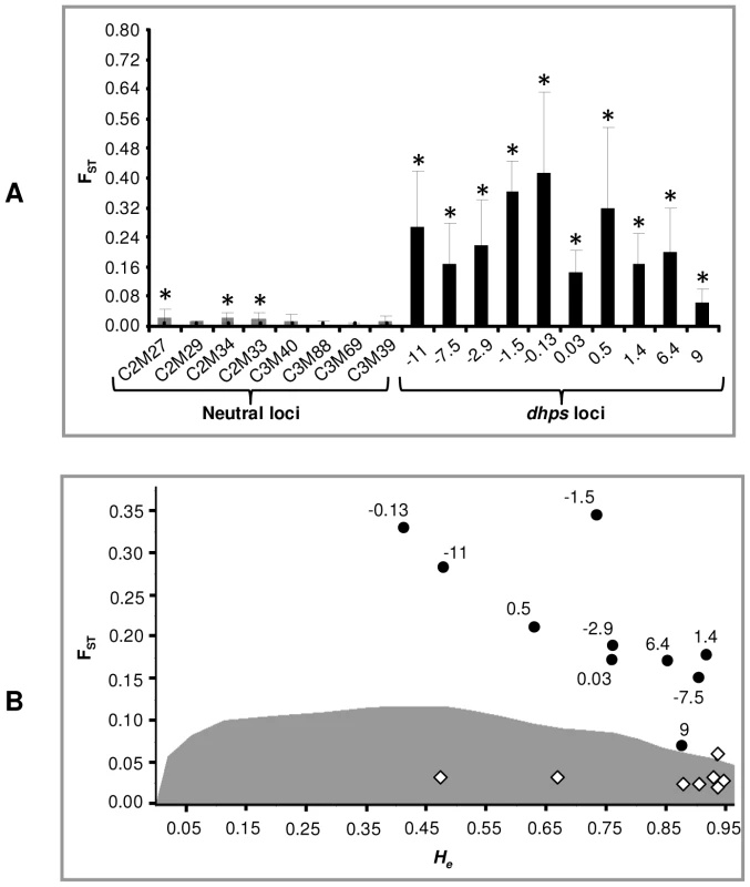 Comparison of F<sub>ST</sub> across selected (<i>dhps</i>) and unselected (neutral) loci.
