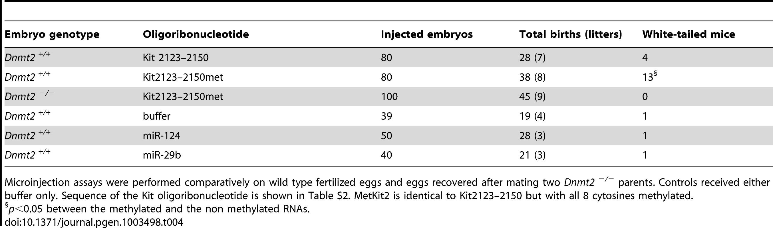 Induction of paramutation by a fragment of the <i>Kit</i> mRNA sequence is increased after methylation but requires Dnmt2 expression.