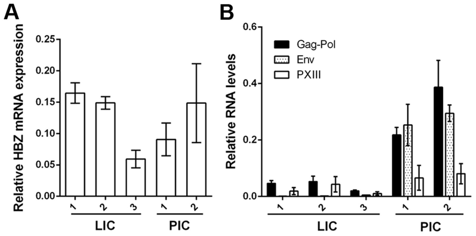 Expression of viral mRNA transcripts in LICs and PICs.