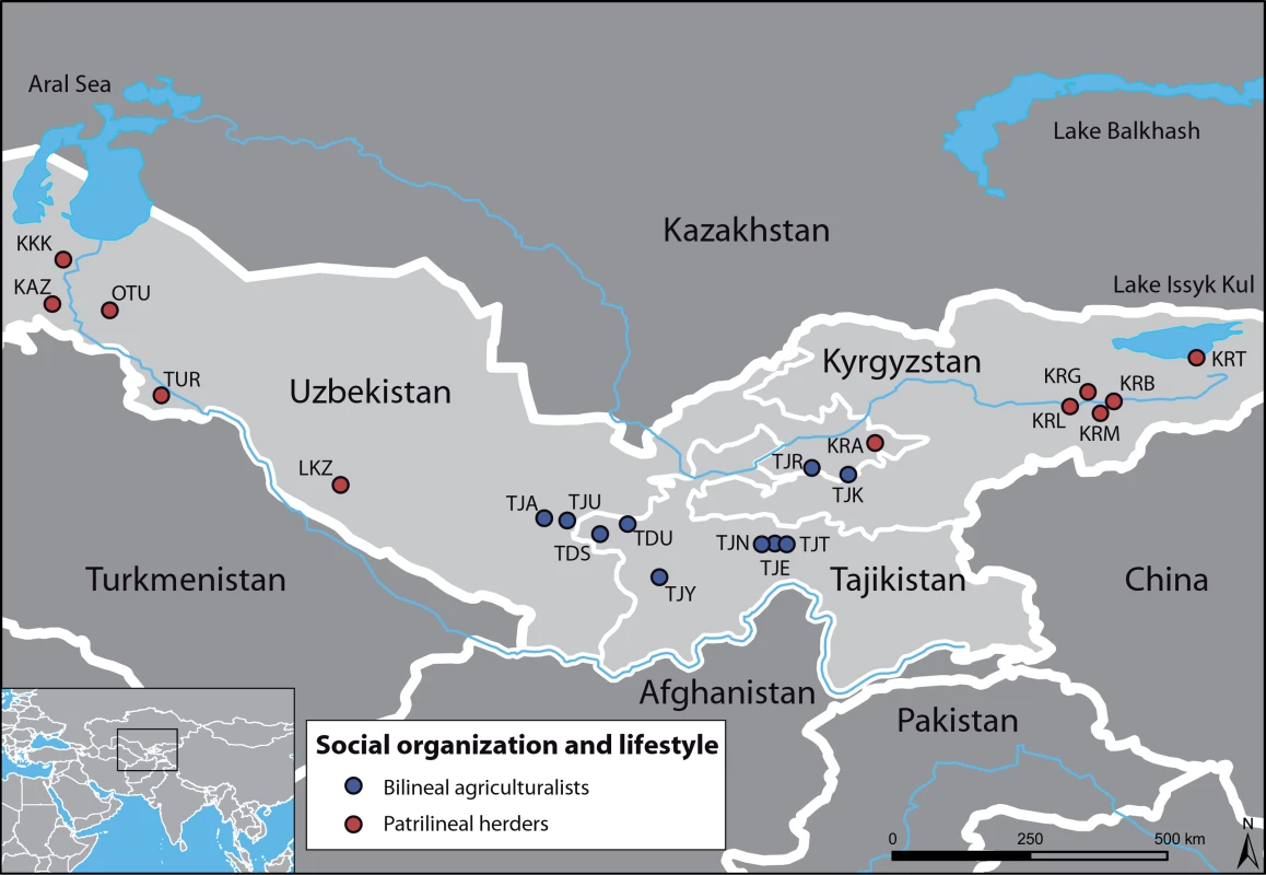 Geographic map of the sampled area, with the 21 populations studied.