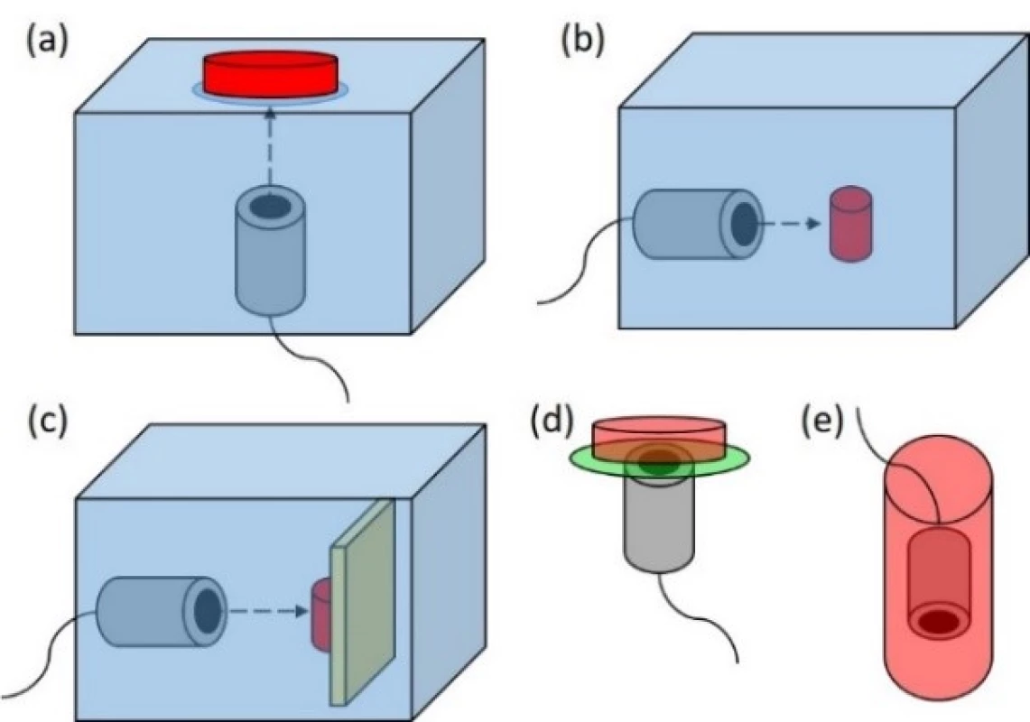 Mostly used in vitro sonication set-ups. (a) The sonicated sample is placed on the water surface in sonication tank. The ultrasound transducer is placed at the bottom of the tank. (b) The sonicated sample is placed in front of the transducer. Both are immersed in sonication tank. (c) Same as (b) but there is an ultrasound absorber placed behind the sonicated sample. (d) The sonicated sample in LGP is placed directly on the ultrasound transducer. The space between LGP and transducer is filled with ultrasound coupling material. (e) The ultrasound transducer is placed directly in the sonicated sample.