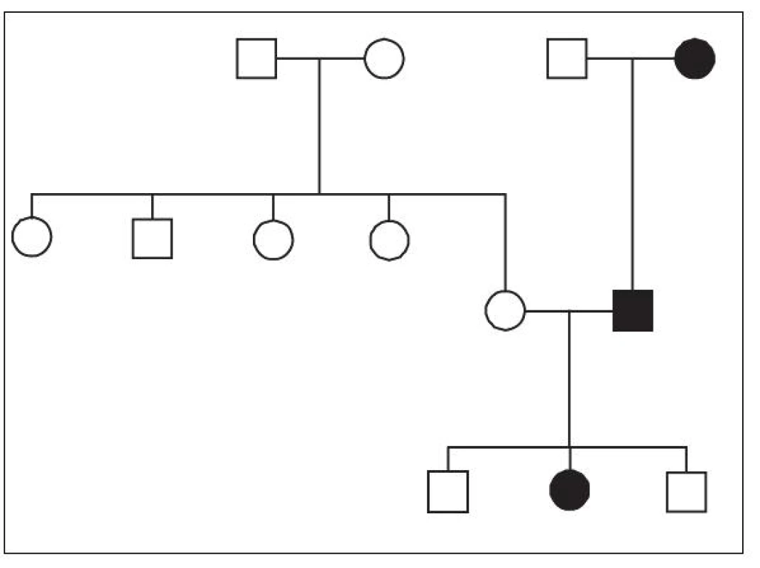 Záchyt Ci-HHV-6 ve třech generacích jedné z rodin zachycených v ČR. 
Nositelé Ci-HHV-6 jsou označeni černým vybarvením.
Fig. 1. Detection of Ci-HHV-6 in three generations of a family in the Czech Republic.
Ci-HHV-6 carriers are marked by black boxes and dots.
