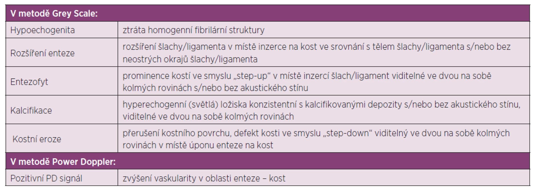 Definice jednotlivých patologických ultrazvukových nálezů u entezitid.