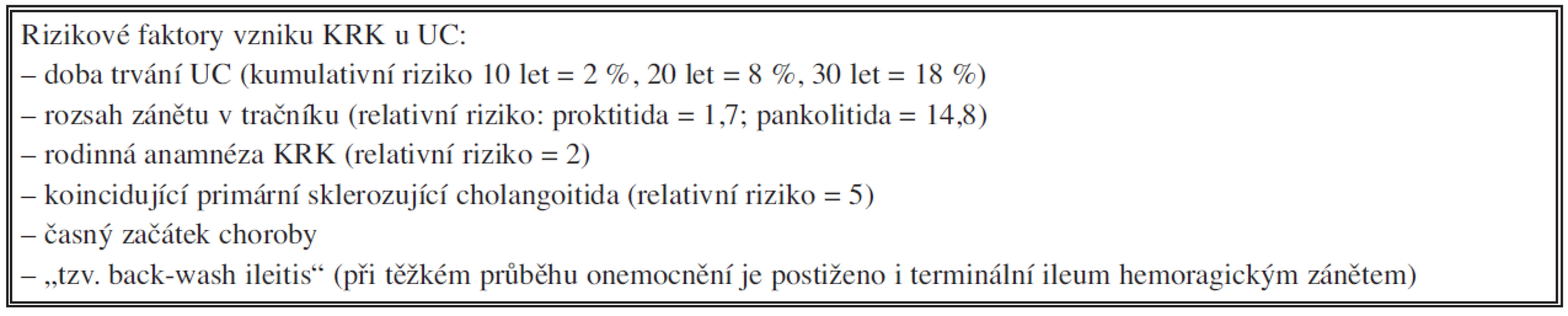Rizikové faktory vzniku KRK u UC (relativní riziko = násobné riziko proti zdravé populaci)
Tab. 1. Risk factors for the development of colorectal carcinoma in patients with ulcerative colitis (relative risk = the risk rate compared to that in healthy population)