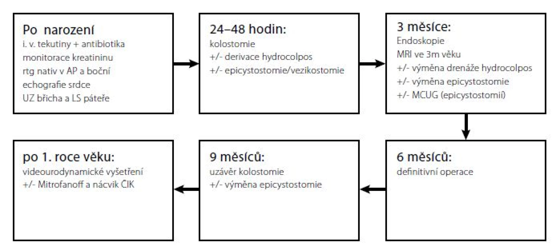 Algoritmus vyšetřování a operací na Klinice dětské chirurgie FN Motol, Praha<br>
Fig. 3. An algorithm of examinations and surgeries at the Department of Paediatric Surgery of the Motol
University Hospital