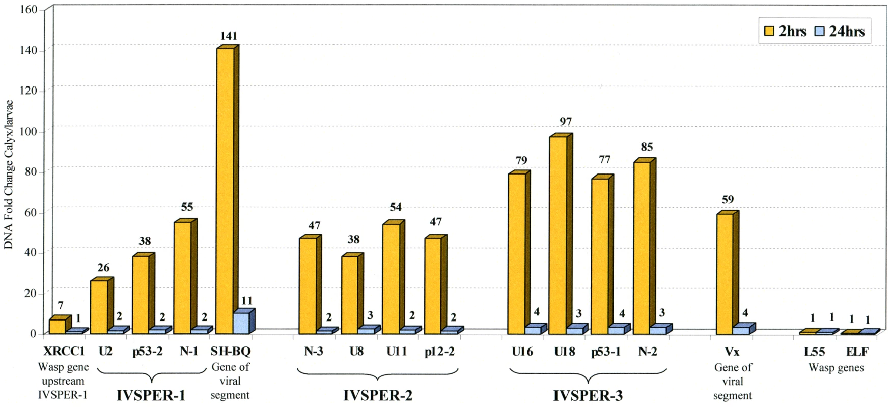 Fold change in genomic DNA amount between calyx tissue and <i>H. didymator</i> larvae for a subset of IVSPERs sequences.