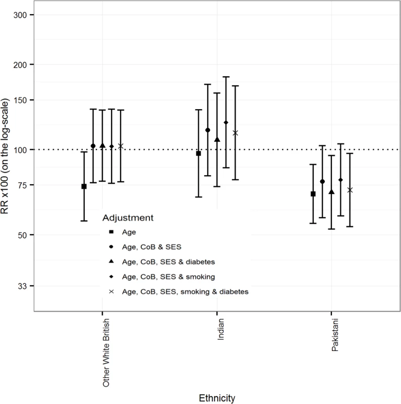 Primary care sub-cohort data: Rate ratios (RRs) (bars shows 95% CIs) for all-cause mortality by ethnicity adjusted for age, CoB relating to UK/RoI born or not, socio-economic status (SES), smoking status, and diabetes in males.