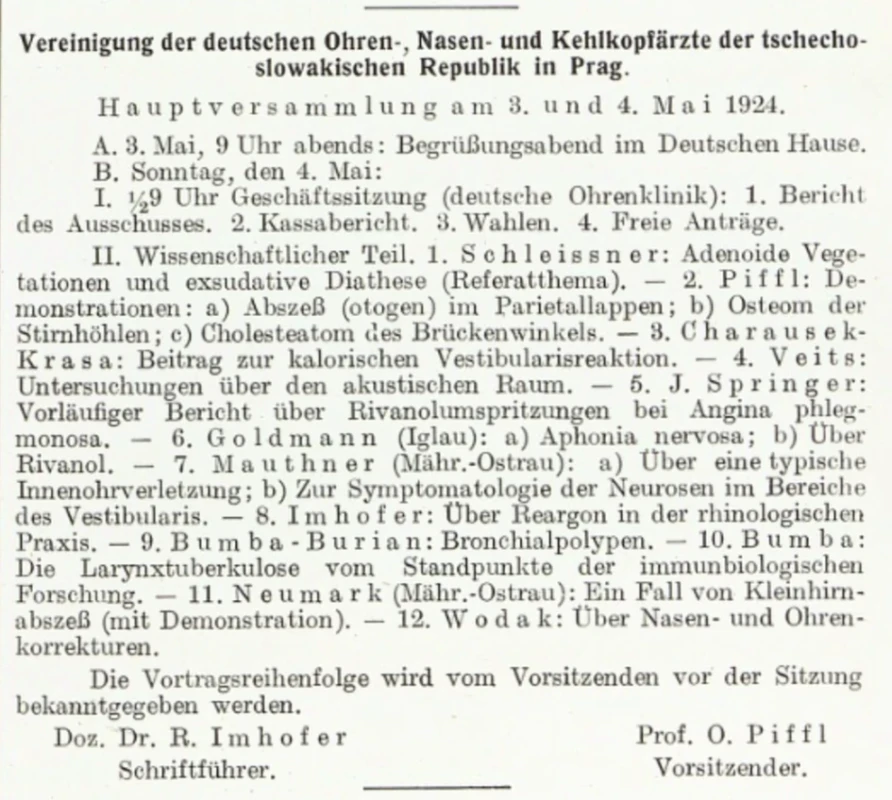 Program sjezdu Společnosti německých otorinolaryngologů v Československé republice z roku 1924