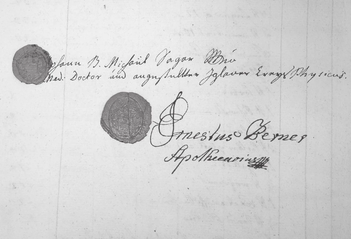 Poslední strana Inventáře s pečetěmi lékárníka Ernesta Bernera a jihlavského lékaře Johanna B. Michaila Sagara, kteří soupis prováděli