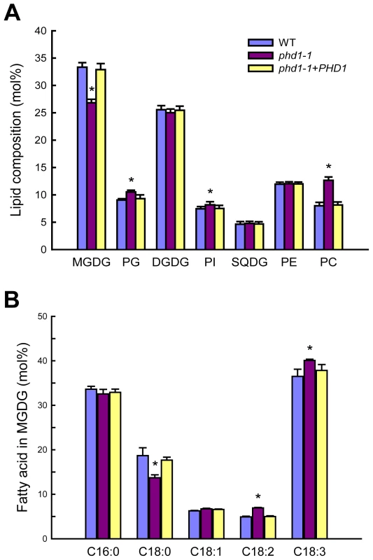 Polar lipid composition and fatty acid profiles in leaves of wild type, <i>phd1</i>-<i>1</i>, and <i>PHD1</i>-complemented plants.
