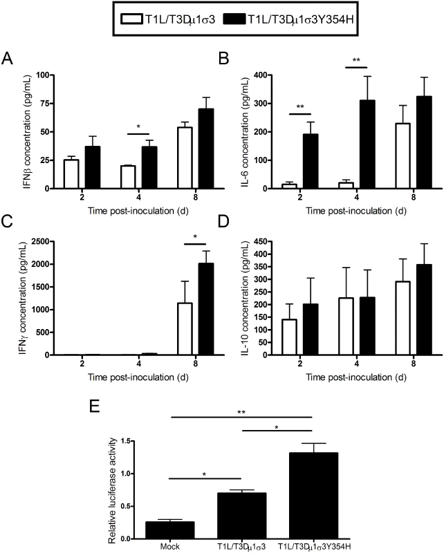 Elevated cytokine levels following infection of mice with T1L/T3Dμ1σ3 and T1L/T3Dμ1σ3Y354H.