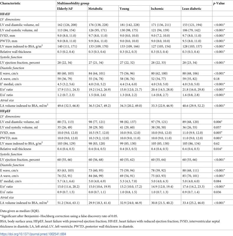 Echocardiographic characteristics, stratified by multimorbidity groups and heart failure type.