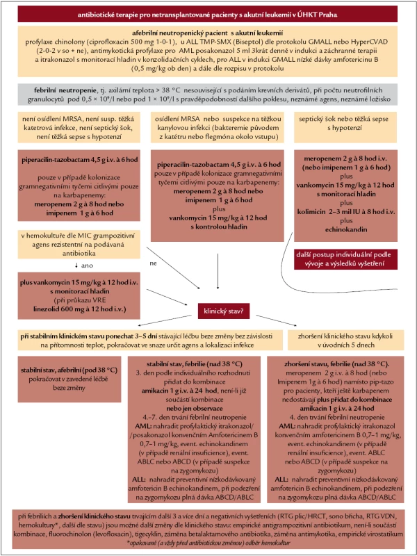 Aktuální postup podávání antimikrobiálních léků pacientů s akutní leukemií, který zohledňuje evropská doporučení a lokální epidemiologickou situaci.