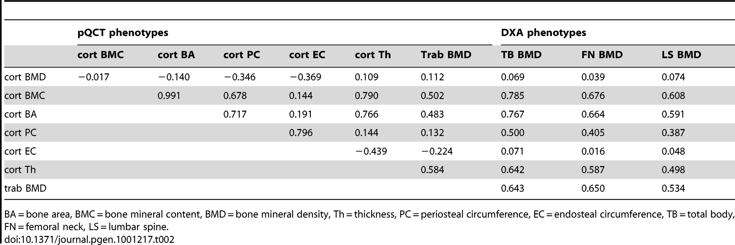 Spearman's rank correlation coefficients (rho) between the bone traits in the GOOD cohort.