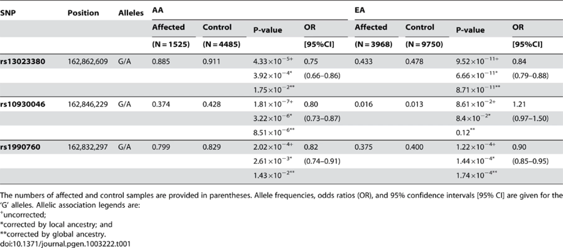 Case-control association for genotyped variants in AA and EA.