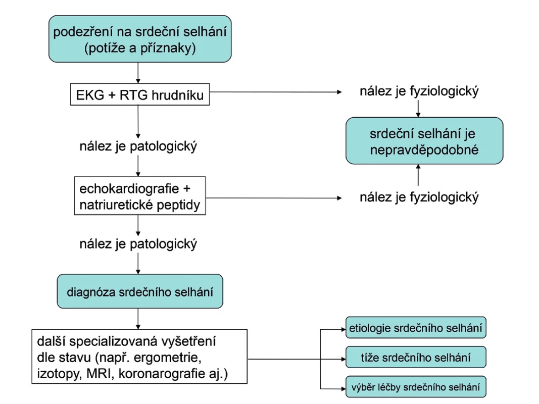Algoritmus diagnostiky srdečního selhání 
EKG – elektrokardiogram, MRI – zobrazení magnetickou rezonancí
(z angl. magnetic resonance imaging), RTG – rentgenogram